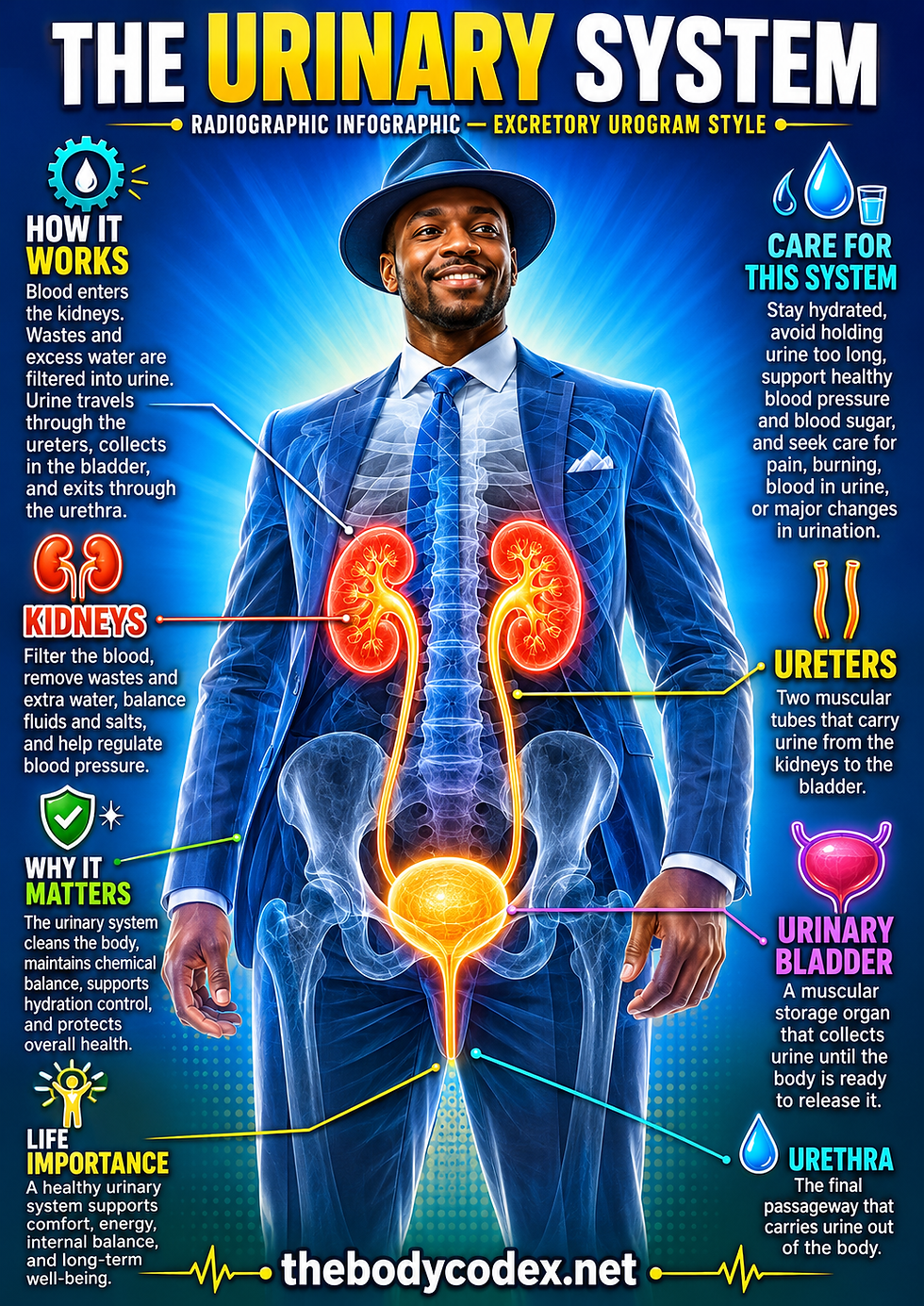 The urinary system teaches us that life depends on both retention and release. The body keeps what nourishes it and removes what no longer belongs. Quietly and continuously, the kidneys protect the chemistry of consciousness, the bladder respects timing, and the urinary passage completes the cycle of purification. Caring for this system supports clearer energy, physical stability, independence, comfort, and longevity. In the living architecture of the human body, cleansing is not merely waste removal—it is one of the foundations of survival.