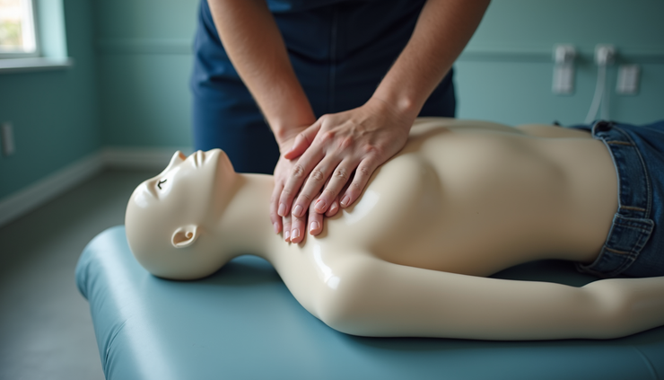 Eye-level view of a person performing CPR on a training mannequin in a bright room