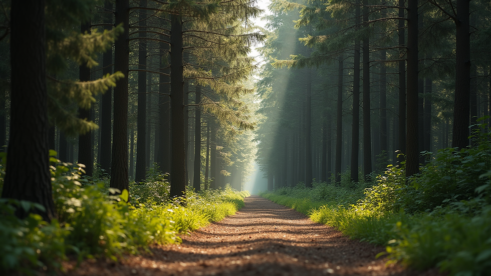 Eye-level view of a serene forest path surrounded by tall trees