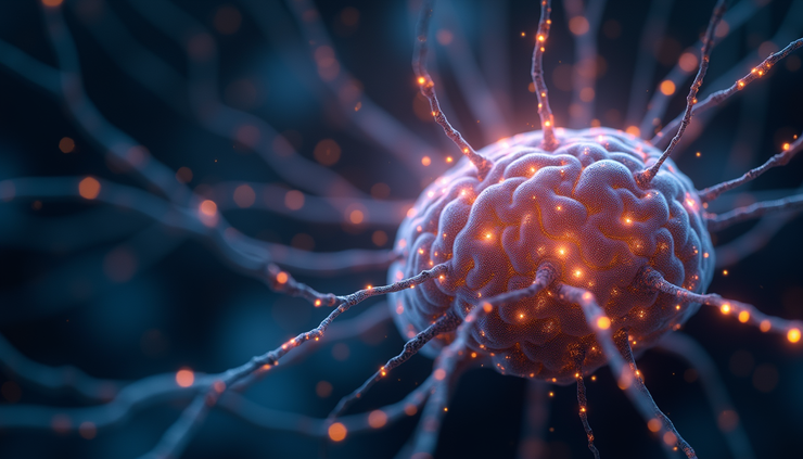 Eye-level view of a glowing neural network illustration representing brain activity