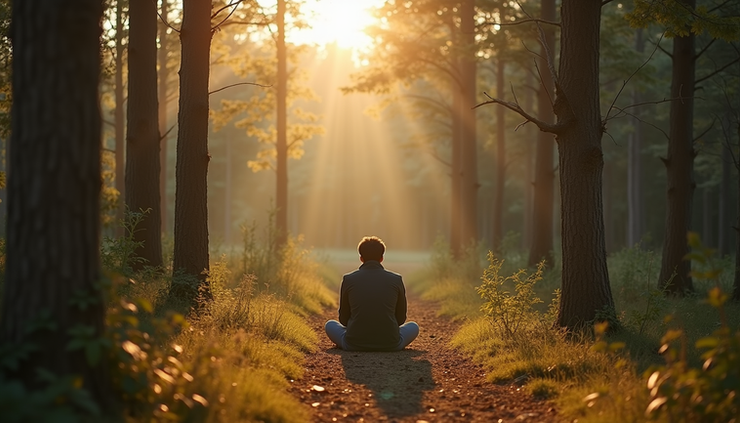 Eye-level view of a person sitting quietly in nature, surrounded by trees and sunlight