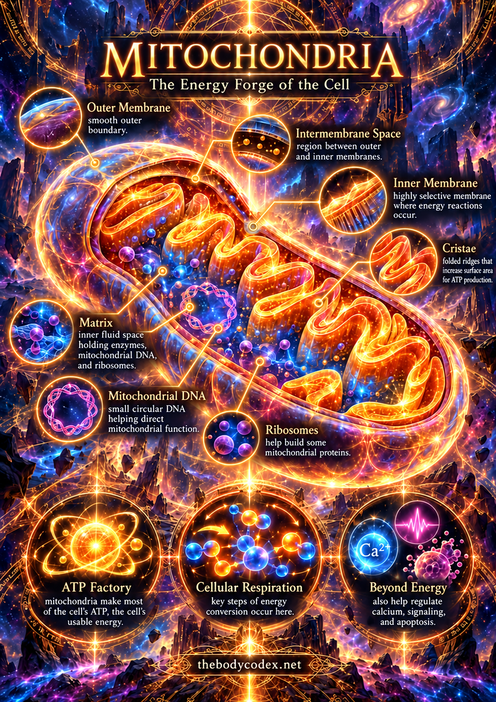 Mitochondria sit at the center of metabolism, the vast network of chemical reactions that allows the body to turn food into energy, build and repair tissues, regulate temperature, and maintain life. Catabolism breaks substances down, such as carbohydrates and fats, to release energy. Anabolism uses energy to build and repair things like proteins, cells, and tissues.