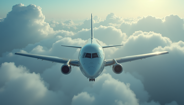 Eye-level view of a high-altitude research aircraft flying above the clouds, illustrating cosmic radiation exposure