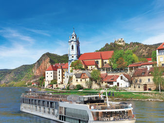 Lovely Durnstein, Germany with blue cathedral tower