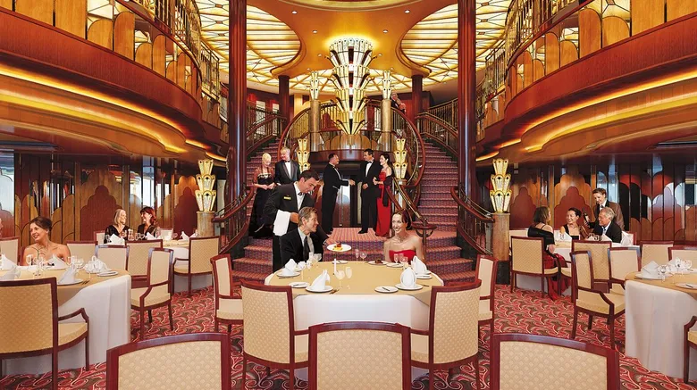 Cruise ship dining room with maitre'd and wait staff