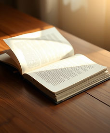Soft light shining on an open journal on a wooden table, warm tones, quiet and peaceful at
