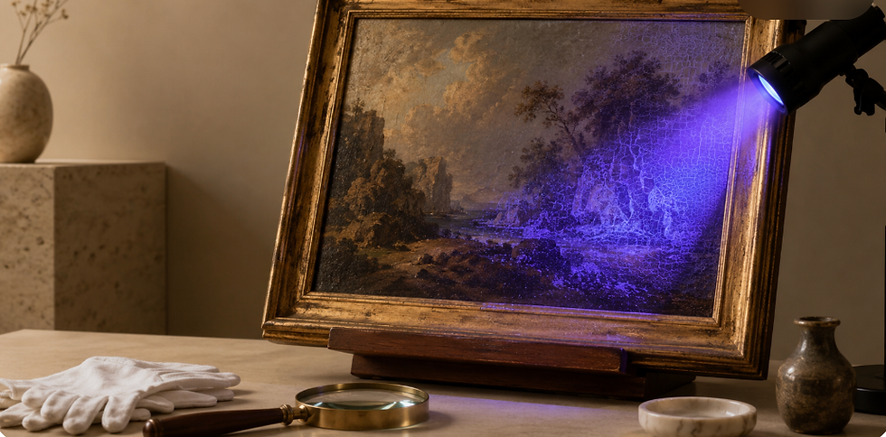 Painting analyzed with UV light,