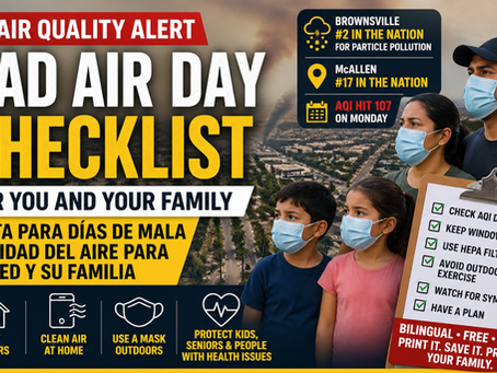 Bilingual air quality alert thumbnail showing a masked family against a smoky Rio Grande Valley skyline with bold text reading “Bad Air Day Checklist for You and Your Family,” plus warnings about Brownsville ranking #2 and McAllen #17 for particle pollution and AQI hitting 107.