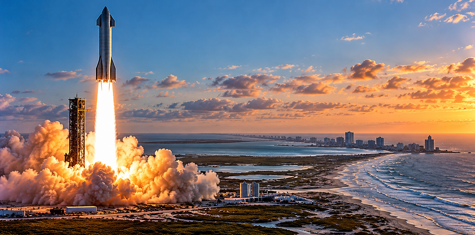 SpaceX-style rocket launches from seaside pad at sunset, bright flame and smoke over a coastal city and ocean.