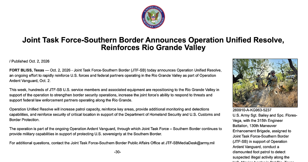 Army press release page with headline on Southern Border operation and two soldiers on foot patrol in a wooded riverbank.