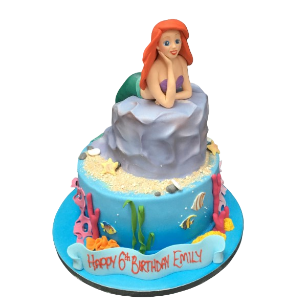 A stunning Little Mermaid Ariel themed cake with intricate details and vibrant colors, perfect for a magical underwater-themed celebration.