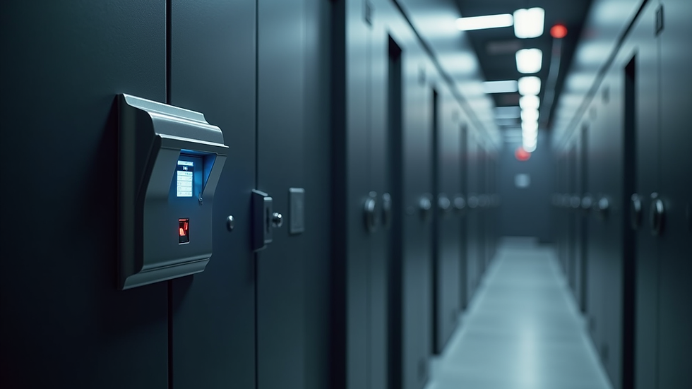 Close-up view of a secure data center access door with biometric scanner