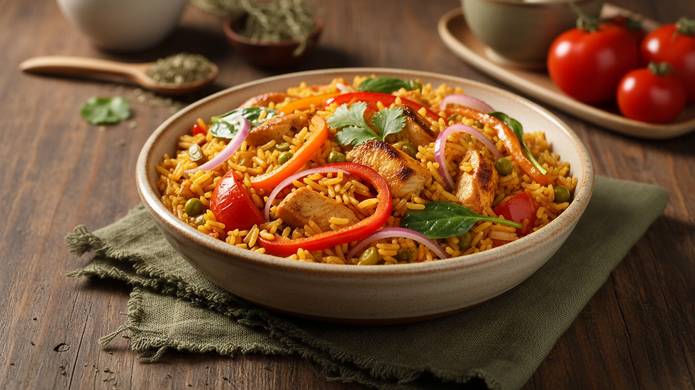 Close-up view of a colorful bowl of jollof rice with vegetables