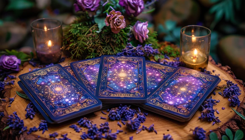 Purple and pink Tarot cards displayed on a table, they are spread out so you can see 5 of them. It is very pretty and floral