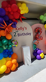Cocomelon theme birthday party decoration, backdrop and balloon arch