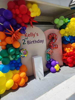 Cocomelon theme birthday party decoration, backdrop and balloon arch