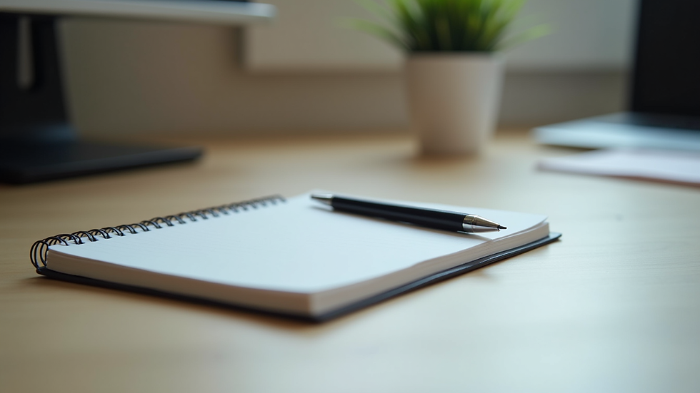 Close-up view of a notebook and pen on a desk, symbolising reflection and communication