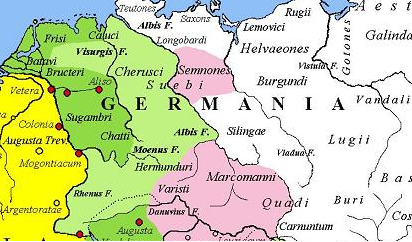 Magna Germania under Augustus. The yellow legend represents the areas controlled by the Roman Republic in 31 BC, the shades of green represent gradually conquered territories under the reign of Augustus, and pink areas on the map represent tributary tribes. Context of the Teutoburg forest battle.