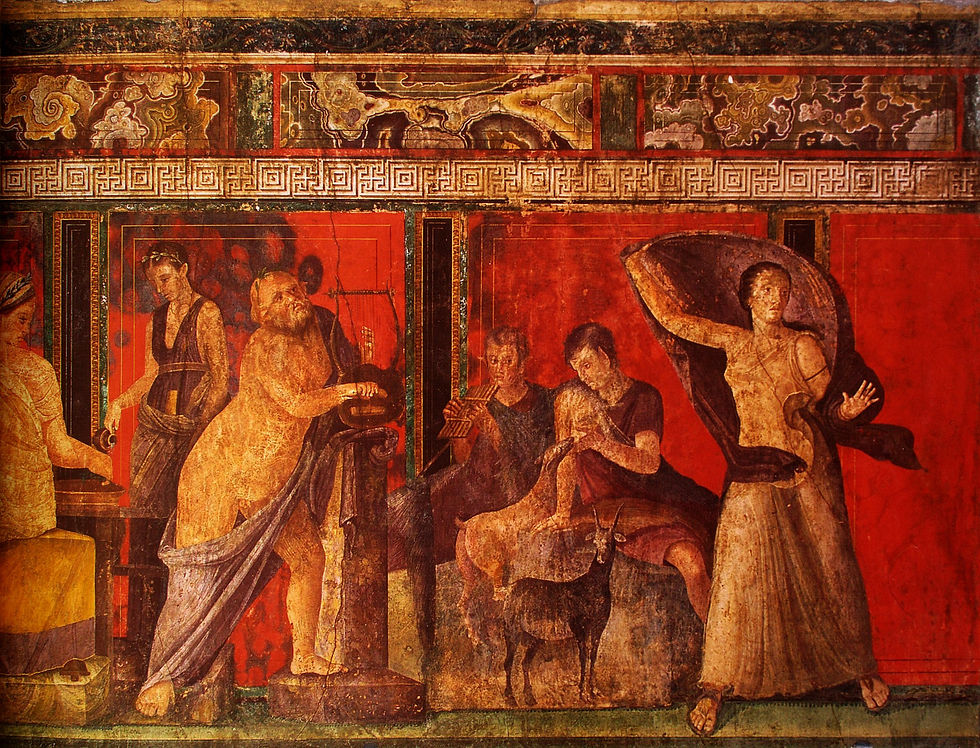 Fresco with red hues showing possible initiation to the mysteries.