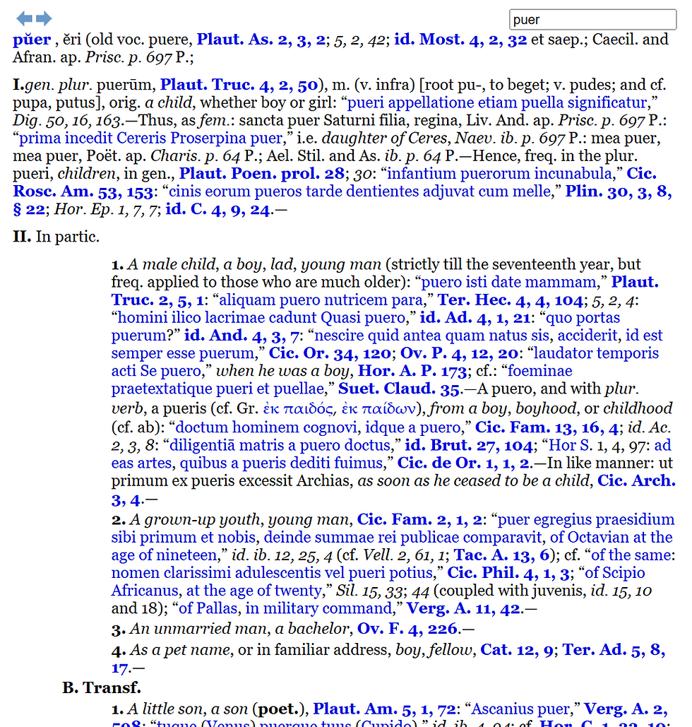 a screenshot of the search for puer in the Latin dictionary Lewis and Short