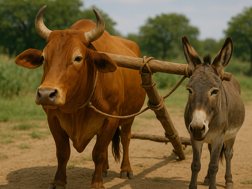 Image of ox and donkey unequally yoked