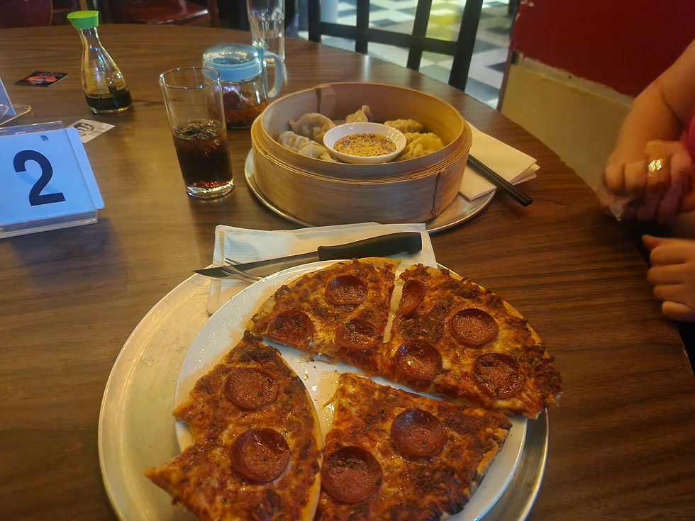 pizza and dumplings at The Wheel Club