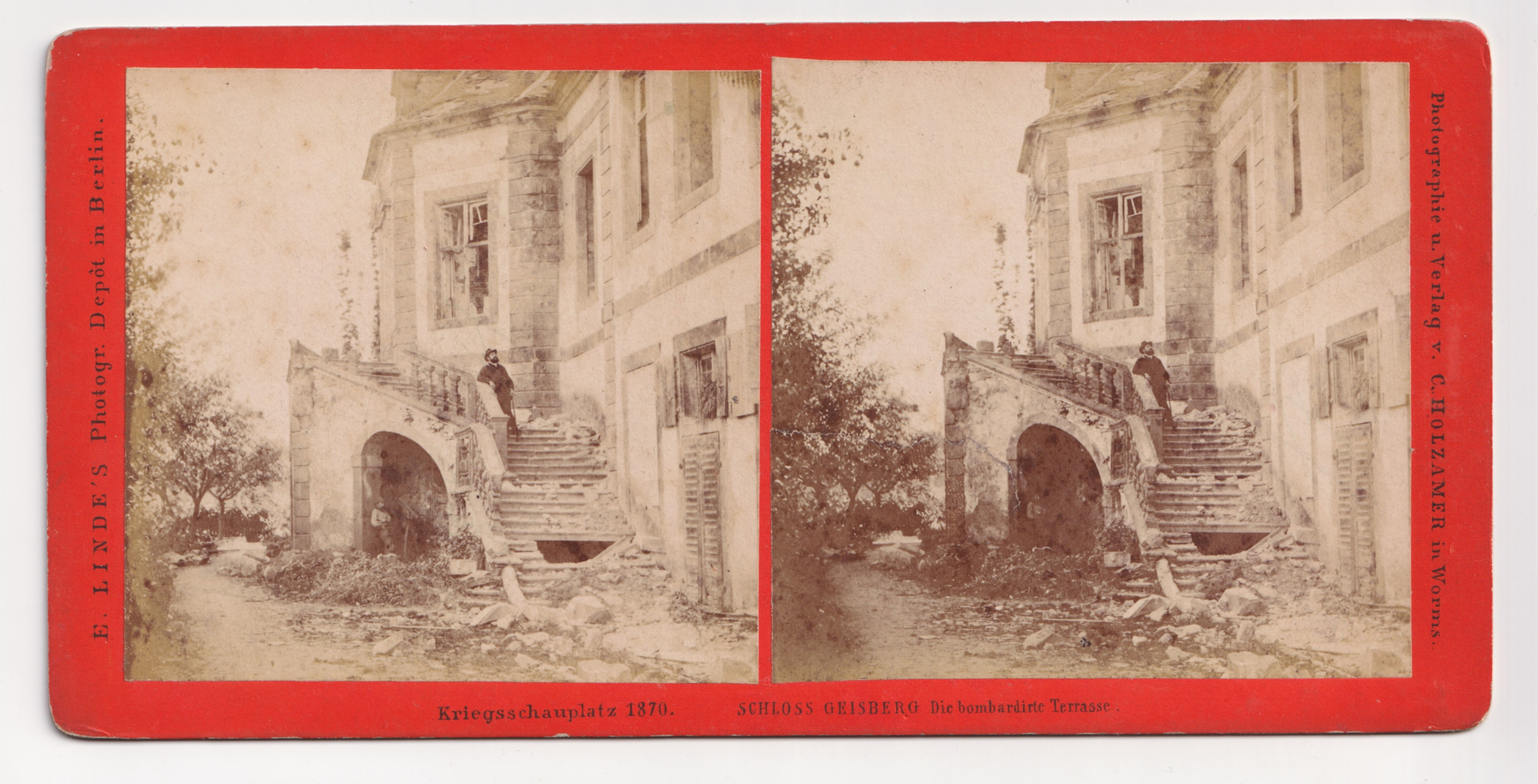 Stereoview of Schloss Geisberg, The Bombarded Terrace, C. Holzamer, 1870