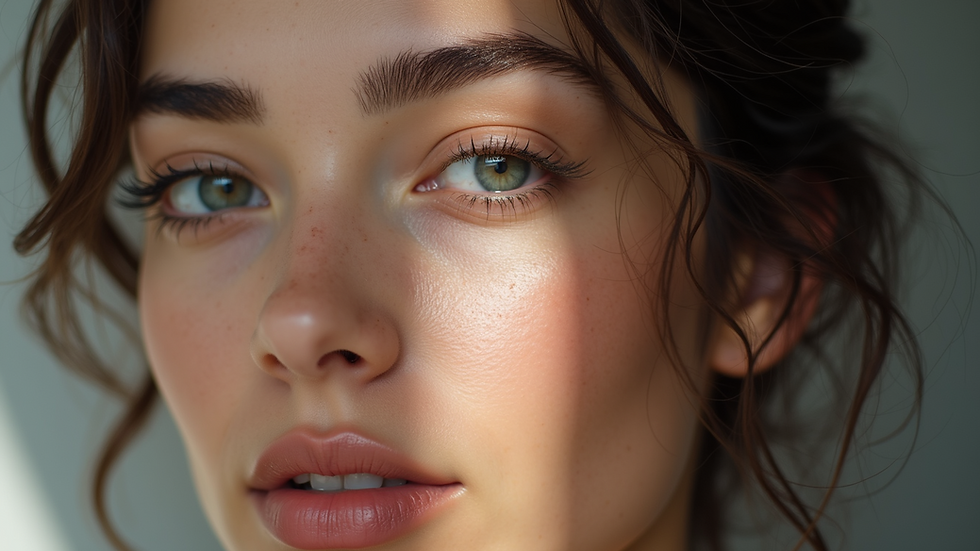 Close-up view of a woman with beautifully defined eyebrows and subtle lip color