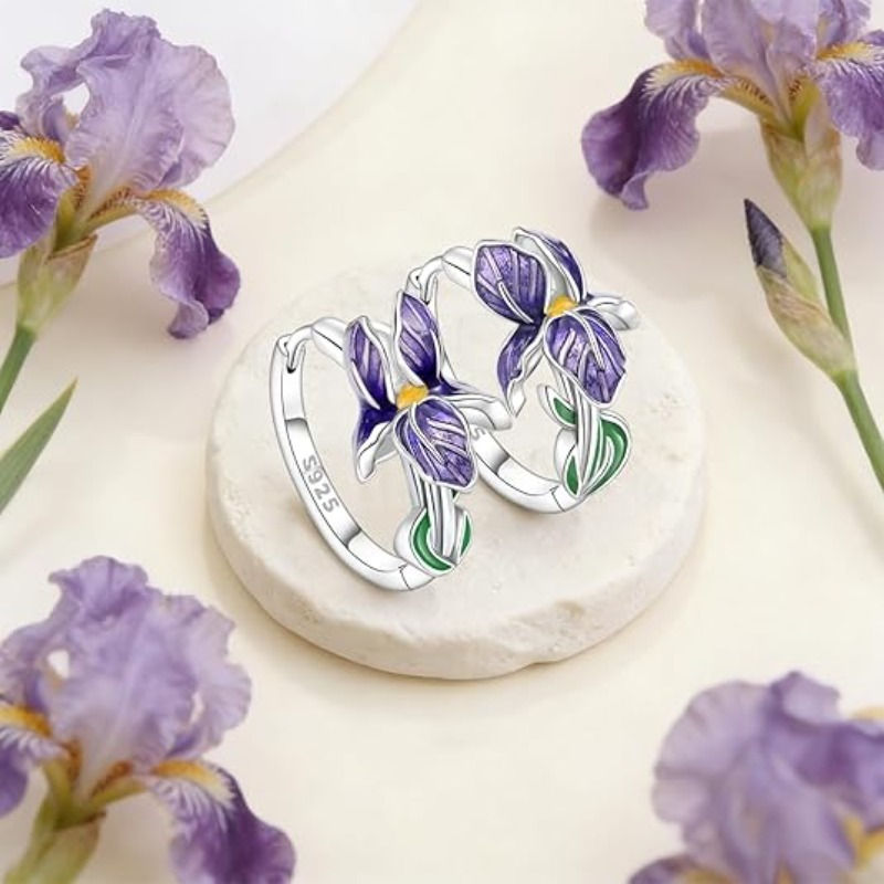 Thumbnail: 925 Sterling Silver Flower and Plant Series Purple Iris Earrings Exquisite Weddi