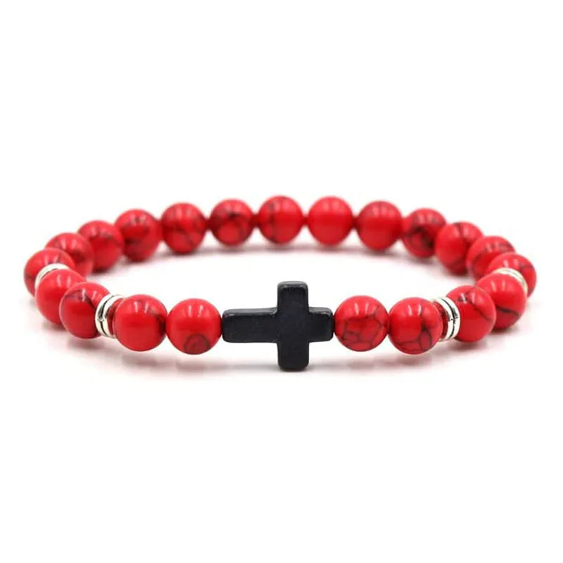 Thumbnail: Prayer Men Natural Stone Wood Beads Rosary Hematite Cross Bracelets Onyx Meditat