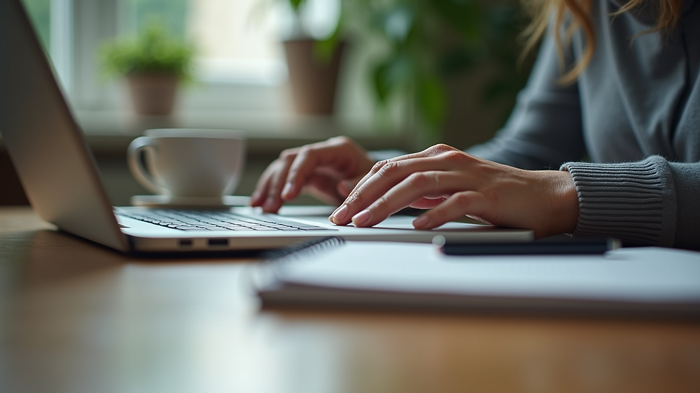 Eye-level view of a person typing on a laptop with a notebook and coffee cup nearby