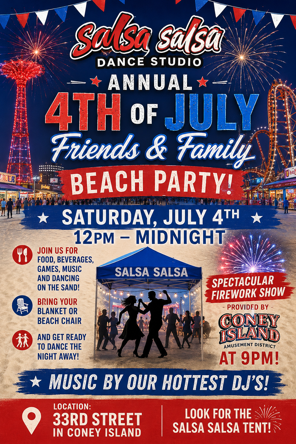 Salsa Salsa Annual Beach Party — salsa social flyer at 33rd Street - Coney Island Beach