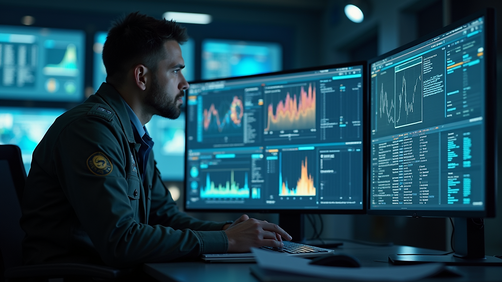 Eye-level view of a military analyst reviewing data