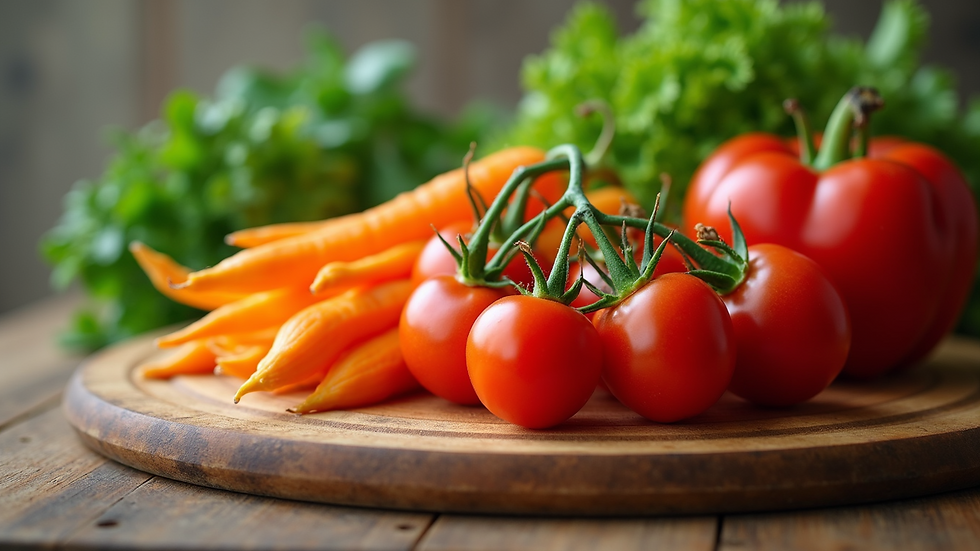 High angle view of a wooden cutting board with vibrant fresh vegetables