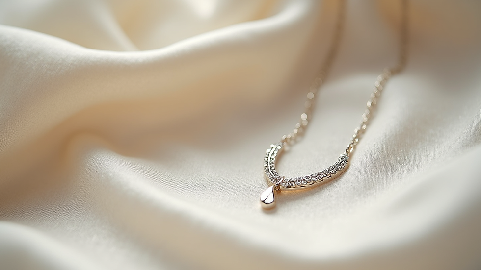 Close-up view of a delicate silver necklace displayed on a soft fabric background