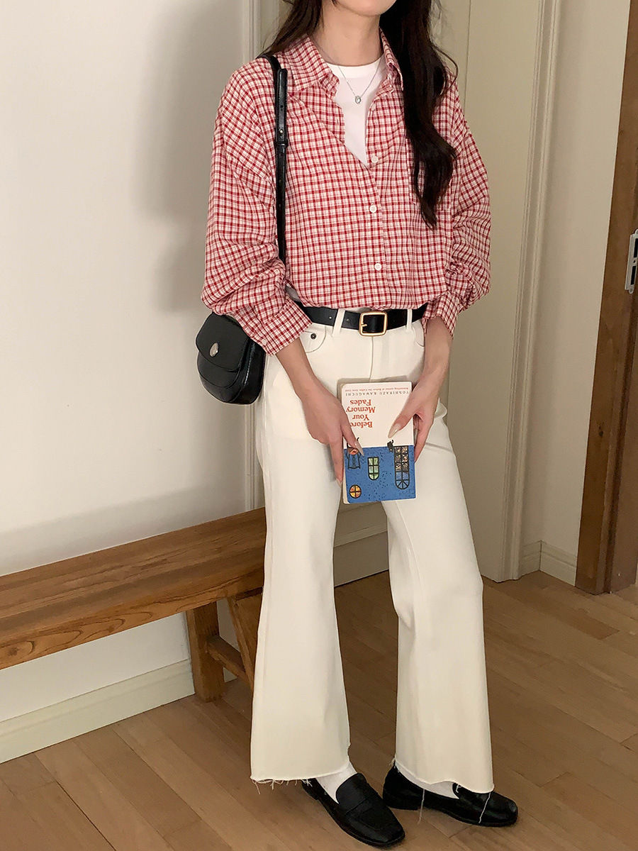 Thumbnail: Red Plaid Turn-down Collar Loose Long Sleeve Shirt