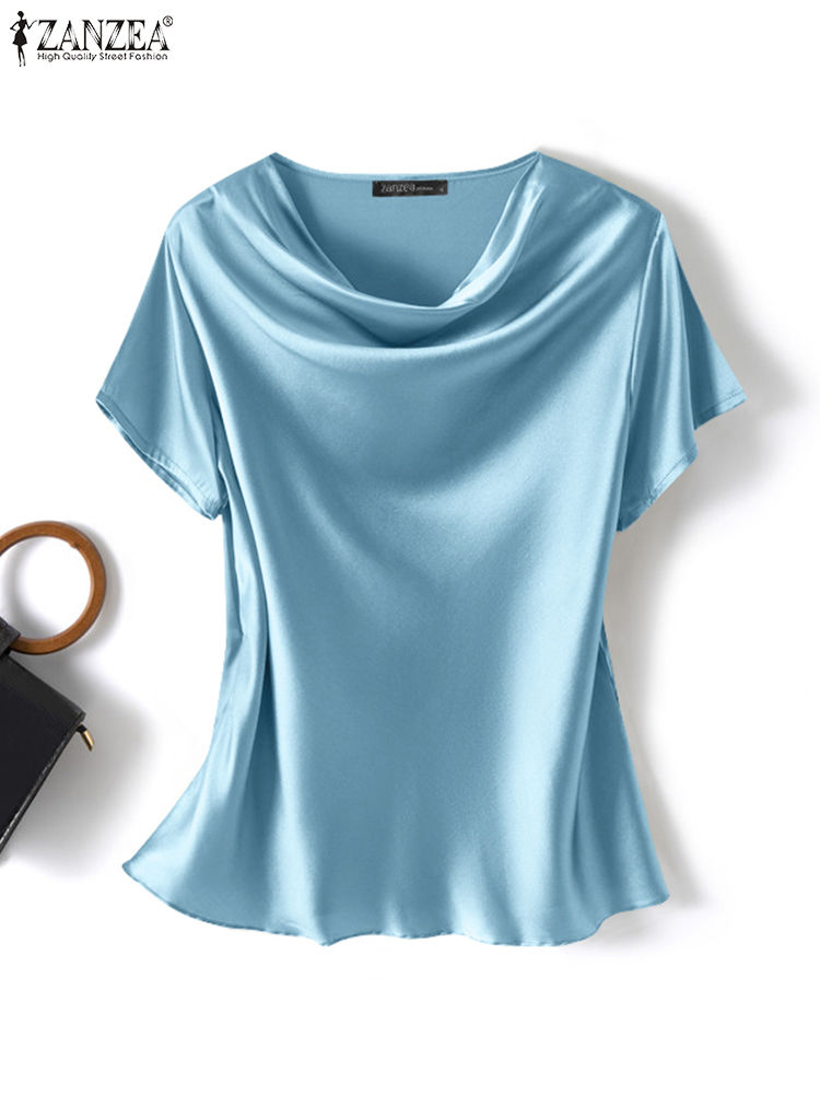 Women Summer Blouses ZANZEA 2024 Fashion Satin Tops Short Sleeve Blusas Female O