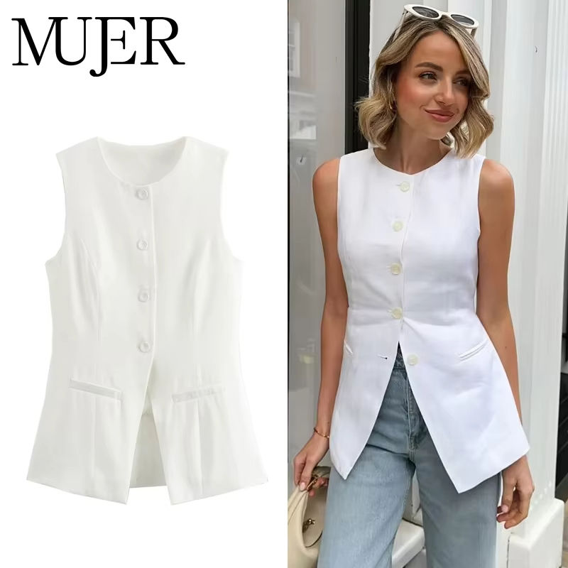 MUJER 2025 White Sleeveless Vest Women Button Summer Vests for Women Jacket Pink