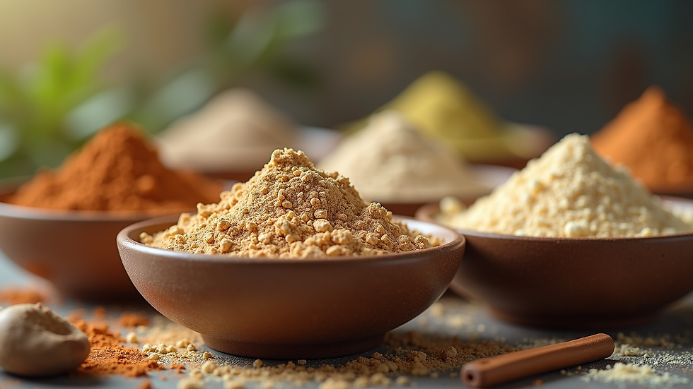 Nahaufnahme von verschiedenen Proteinpulvern in Schalen