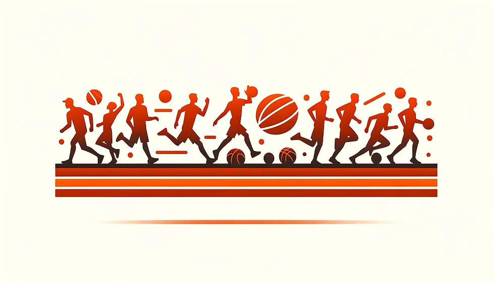 Silhuetas estilizadas de pessoas praticando diferentes esportes como futebol, basquete e corrida, em cores sobre fundo laranja.