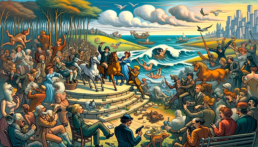 Ilustração representando uma paródia de uma pintura famosa.