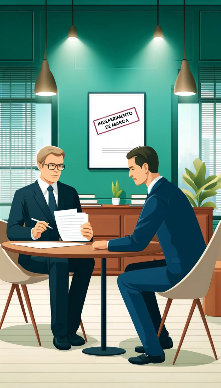 Ilustração de um advogado ajudando um cliente com recurso de indeferimento de marca.