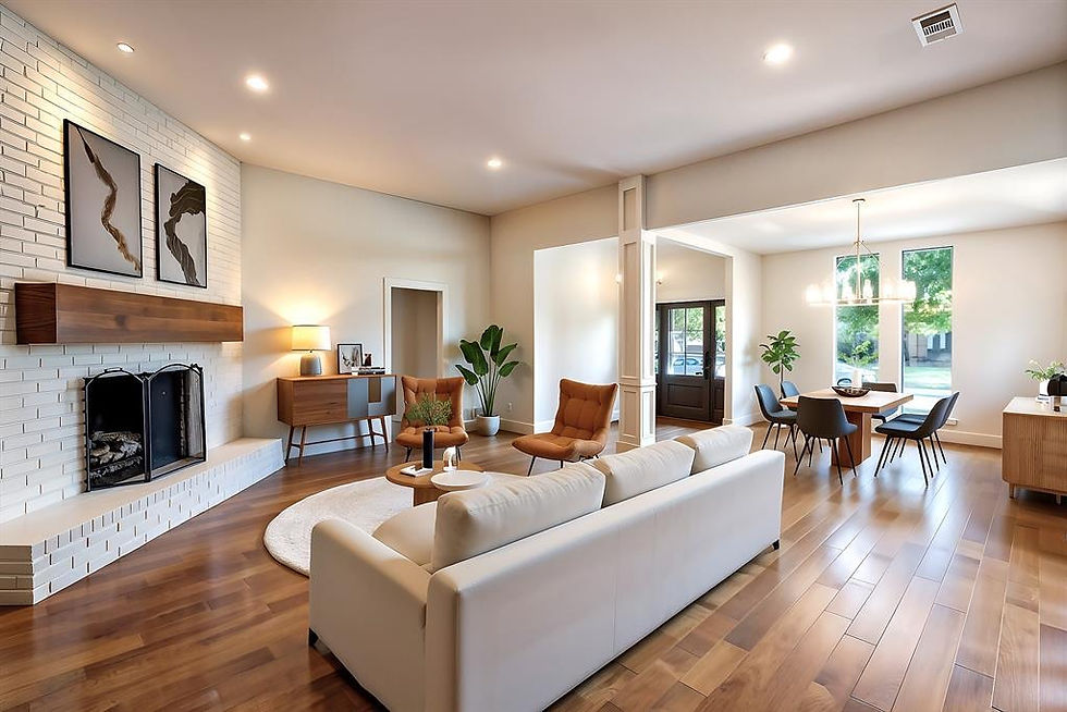 A bright and open-concept living and dining area with clear visibility into the kitchen, showcasing the natural light and seamless flow of the Greige Haven renovation by Second Act Flips.