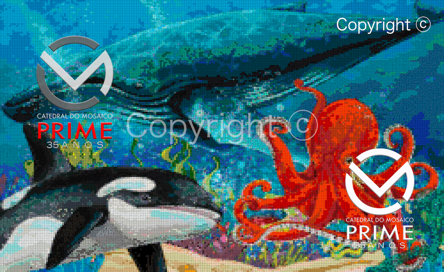 BALEIA AZUL ORCA E POLVO EM MOSAICO