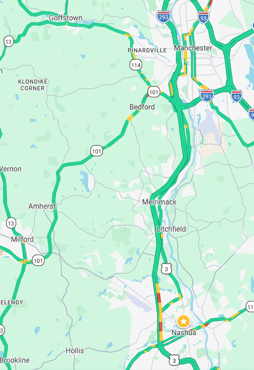 Green Google Maps style map showing Twinfin Landscaping LLC service area around Amherst, Bedford, Merrimack, Nashua and nearby towns
