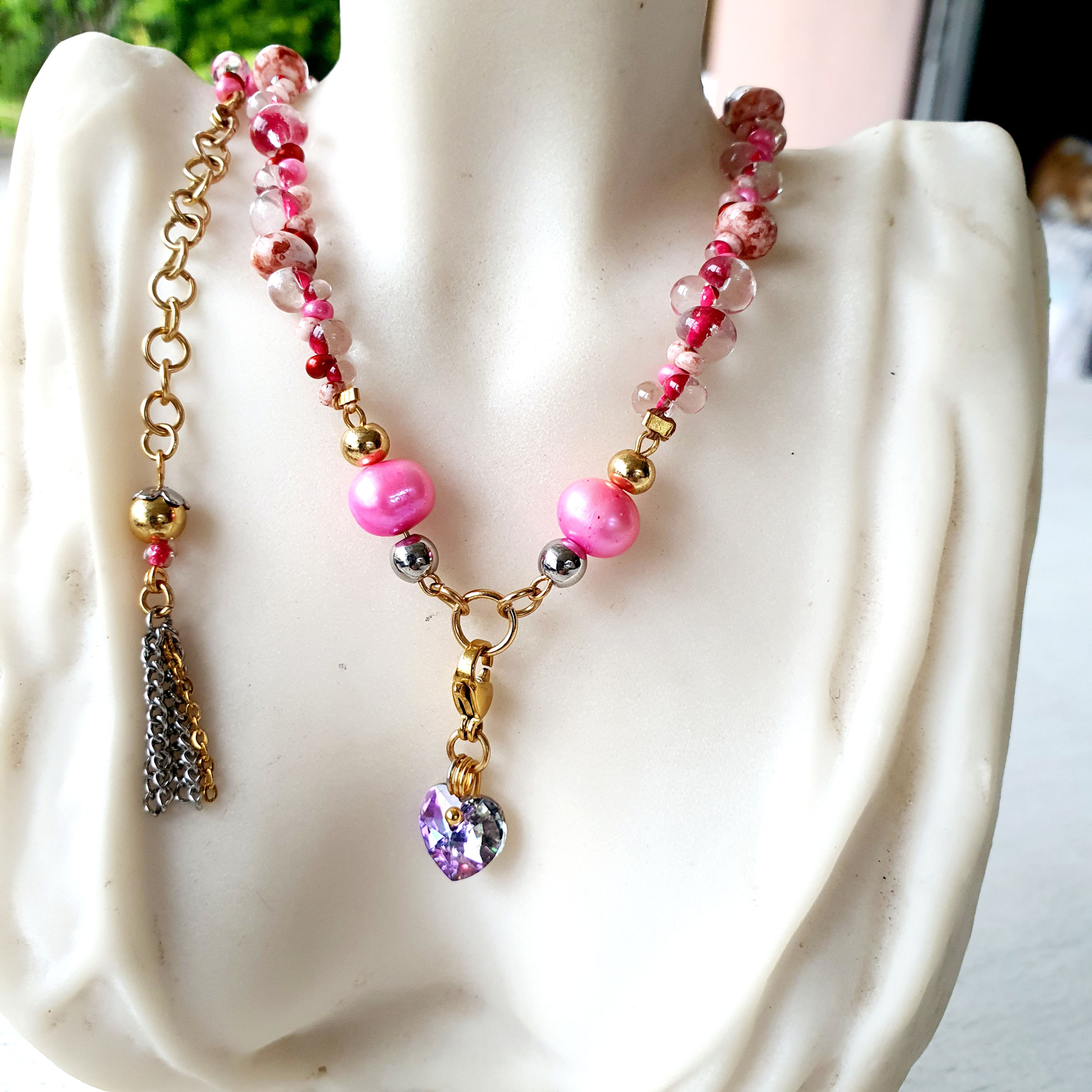 Colar de miçangas drops tchecas com pingente pink