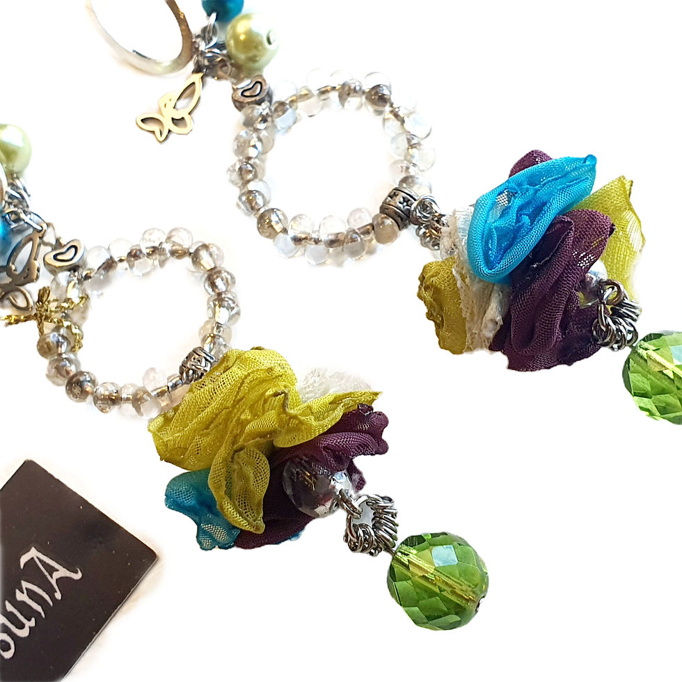 Miniatura: Argola txiki loreak drops prata verde, roxo e turquesa