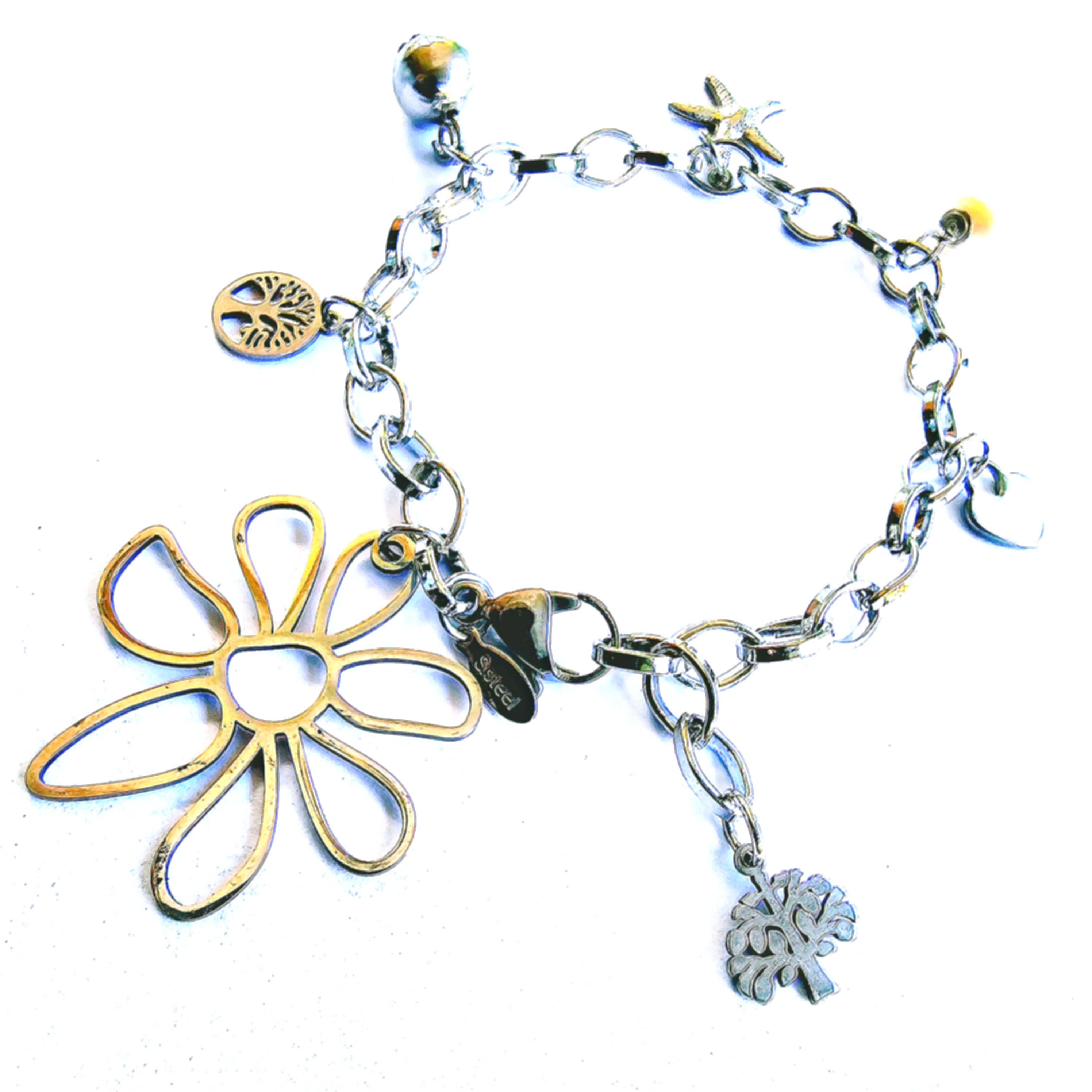 PULSEIRA INOX MARGARIDA MIX DE PINGENTES