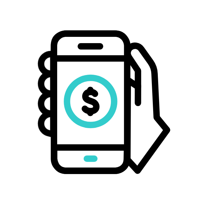 Mano che tiene uno smartphone con simbolo di pagamento: accettiamo contanti, bancomat, carta di credito e bonifico.