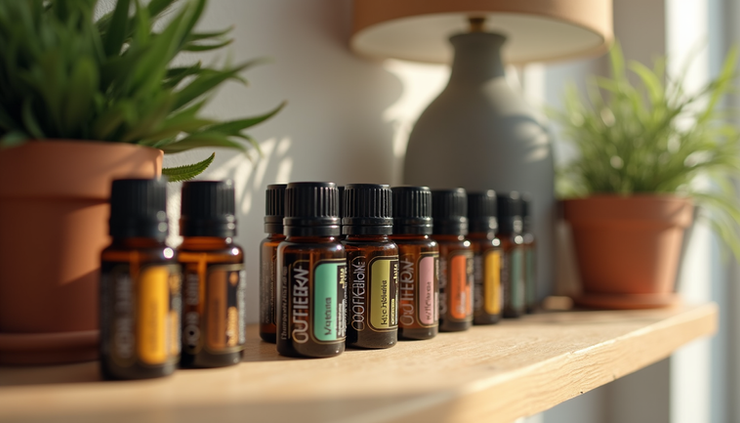 Eye-level view of a collection of doTERRA essential oil bottles arranged neatly on a wooden shelf